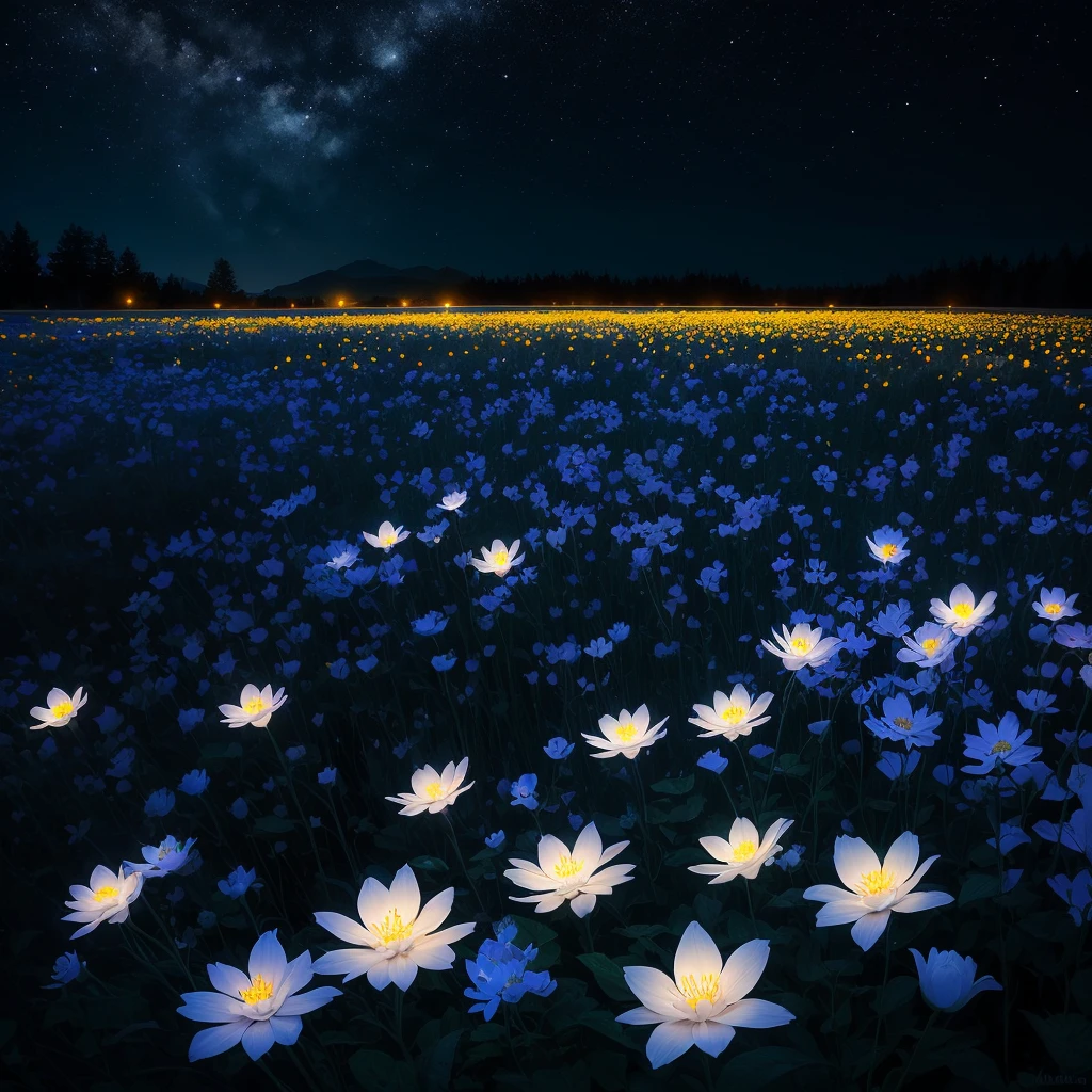 there are many white flowers in the dark with a black background, glowing flowers, luminous flowers, beautiful blue lights, glowing blue, bioluminescent plants, night sky full of flowers, by Bruce Munro, blues. beautiful, ethereal blue lighting, blue lights, field of flowers at night, blue flowers, blue bioluminescence
