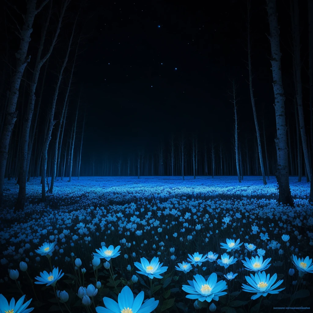 there are many white flowers in the dark with a black background, glowing flowers, luminous flowers, beautiful blue lights, glowing blue, bioluminescent plants, night sky full of flowers, by Bruce Munro, blues. beautiful, ethereal blue lighting, blue lights, field of flowers at night, blue flowers, blue bioluminescence