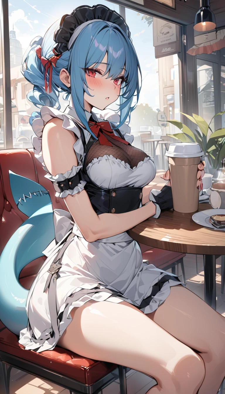 （masterpiece：1.2），Best quality，Perfect Anatomy，Very detailed，1 Girl，Solitary, high resolution，Red eyes，Maid costume，Shark Tail，sitting in café，Holding a cup of coffee，High and cold