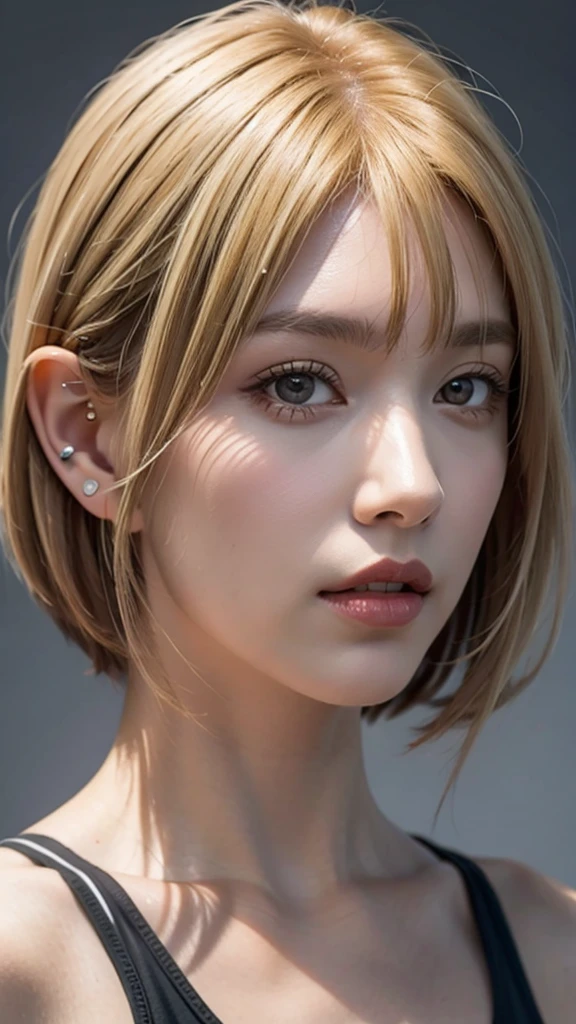 kur1, 1girl, solo, alone,(close up:1.4), (highest quality, highest resolution, masterpiece :1.4), (8K, UHD,:1.4),(Realistic, photo-realistic:1.4),(blonde hair:1.5),(Both ears are obscured by hair:1.4), (many bangs:1.4), (short hair:1.4),sports bra,(gray background:1.4),(Both ears hidden by hair:1.4)