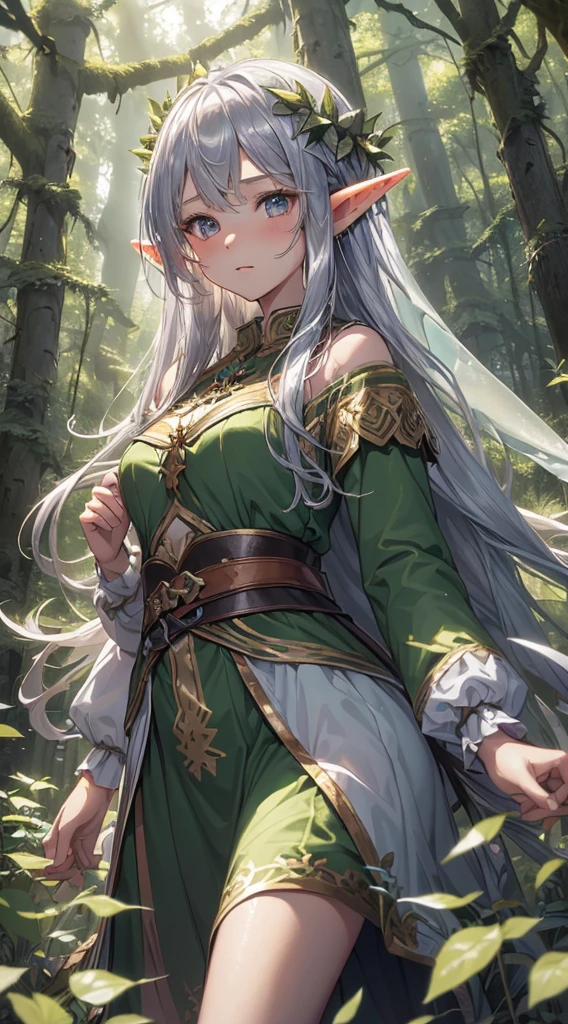 Top quality、Top image quality、masterpiece、girl((18 years old、Holy,Forest Fairy Goddess,Proud expression,Silver long hair,Elf ears,In the middle of the forest,Floating