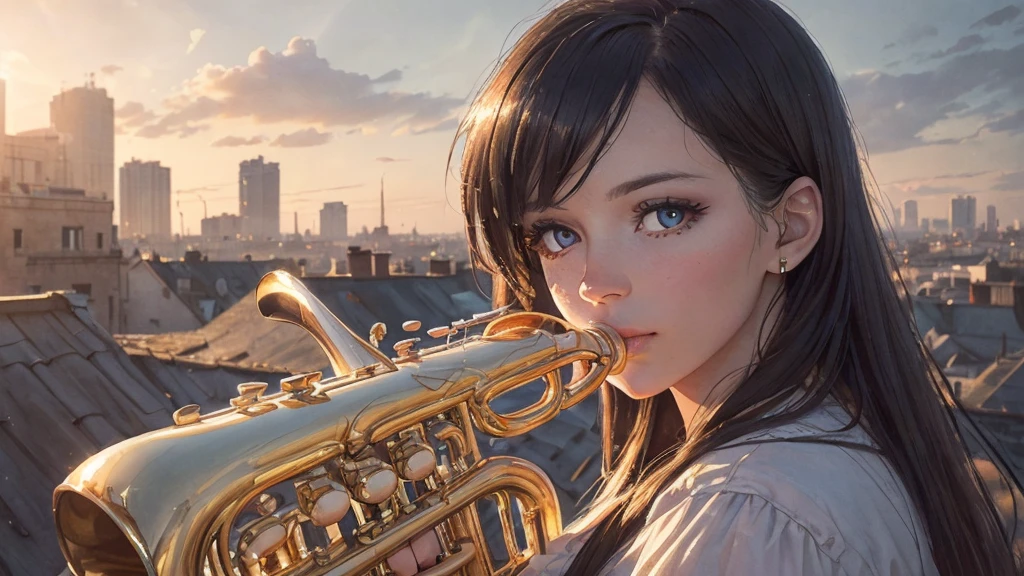 Woman playing music (wind instruments), jazz music, rooftop, relaxing atmosphere, clear sky, city landscape Beautifully detailed eyes Beautifully detailed lips Very detailed face. Medium: Digital painting. (best quality 4k, 8k, high resolution, masterpiece: 1.2), extraordinary details (realistic, photorealistic: photorealistic: 1.37), warm light, moody atmosphere, cinematography, vivid colors, light Stunning