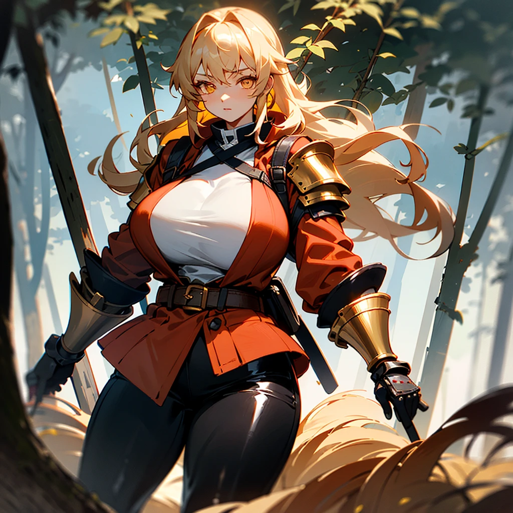 young Korean woman, golden eyes, sandy hair, tanned bronze skin, huge chest, wearing a red coat with rolled up sleeves, heavy steel gold armor, wide leather belt, black leather pants with steel thigh guards, steel plate gloves, hiking backpack, comes with a red bear along a path overgrown with flowers, surrounded by a coniferous forest,