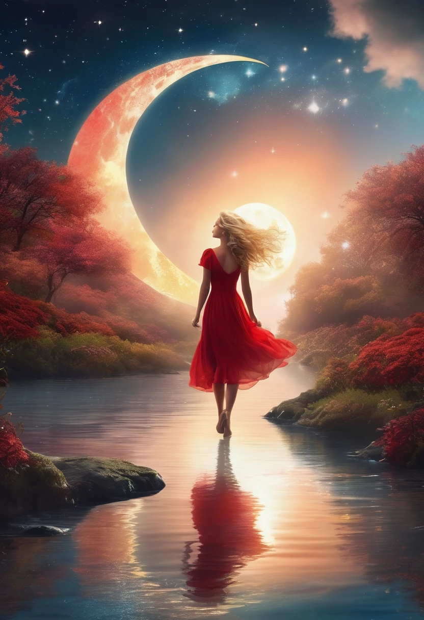 Create a dreamy, romantic, and ethereal scene. Picture a woman in a short red dress with short curly blonde hair, riding on a moon cloud and gracefully walking on a whirlpool. Her serene face is in the sky with the moon reflected in her eyes. The background features a radiant sunbeam, creating a whimsical, fantastical atmosphere. The entire scene should evoke a sense of fantasy and wonder, blending elements of the surreal and the poetic.