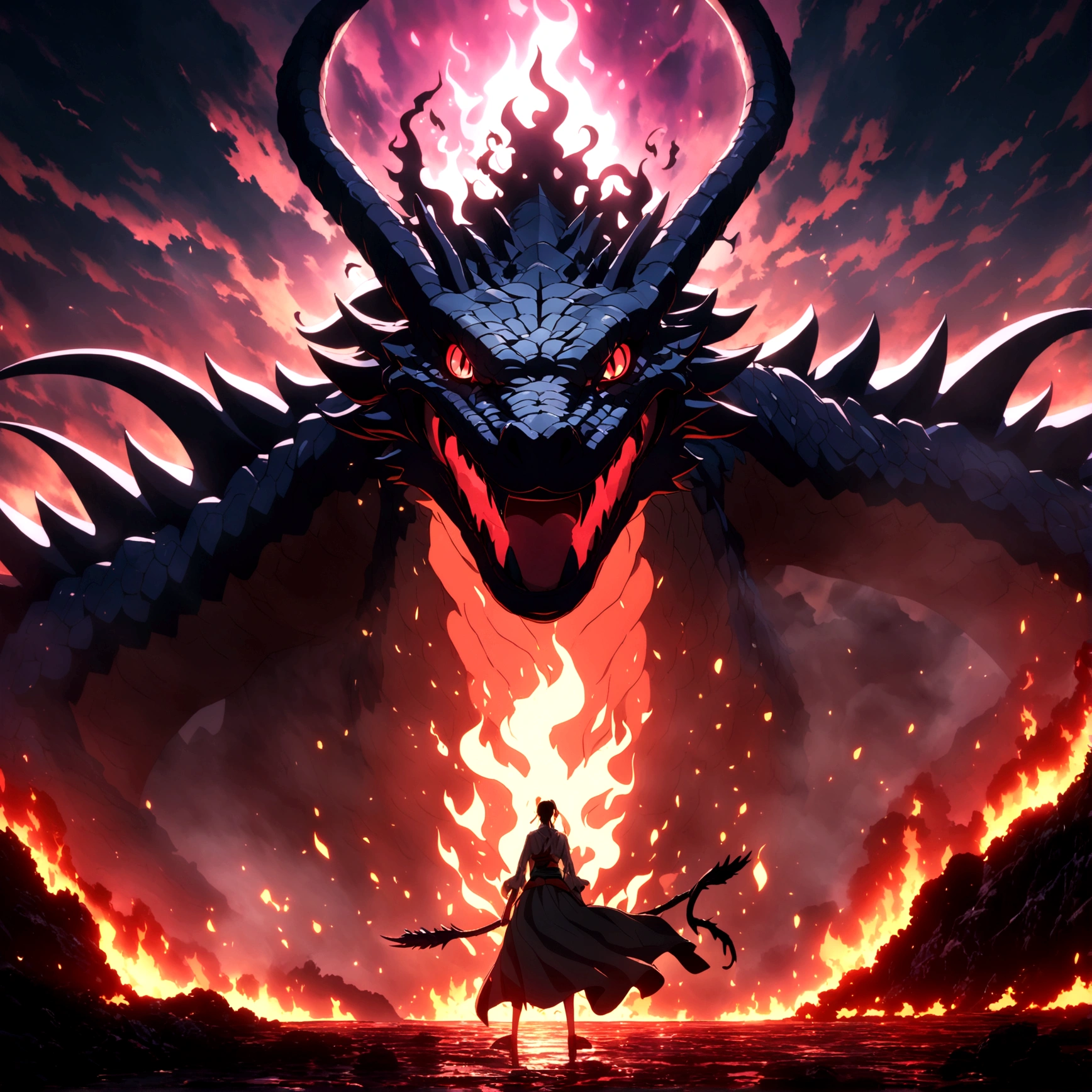 Dragon, black scales, vibrant red eyes, evil gaze, fiery scenery, "One Piece-inspired anime features, drenched in dramatic and stunning lighting, dramatic lighting, infused with creative details, ultra-fine 2D design, scenery bathed in creativity, bathed in creativity, boasting HD anime resolution clarity, HD anime graphics, high-octane rendering"