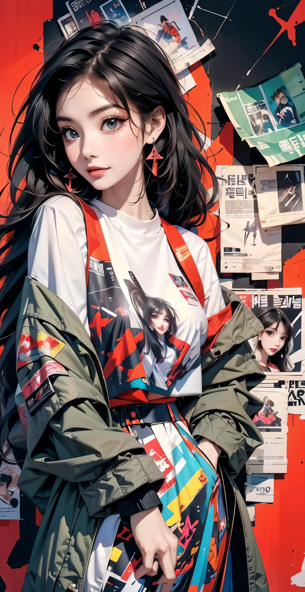 Flat Illustration artwork, ((Angelababy)) in a dress standing in front of simple background, up close, ((Art style by Patrick Nagel)), ((8k, wallpaper, detailed)), dark sunglasses, korean pop-star, big smile, black hair, pretty hands, fringe, simple red background, palm trees, (graffiti wall:1.2), strong, courageous, art by Patrick Nagel, music album art cover