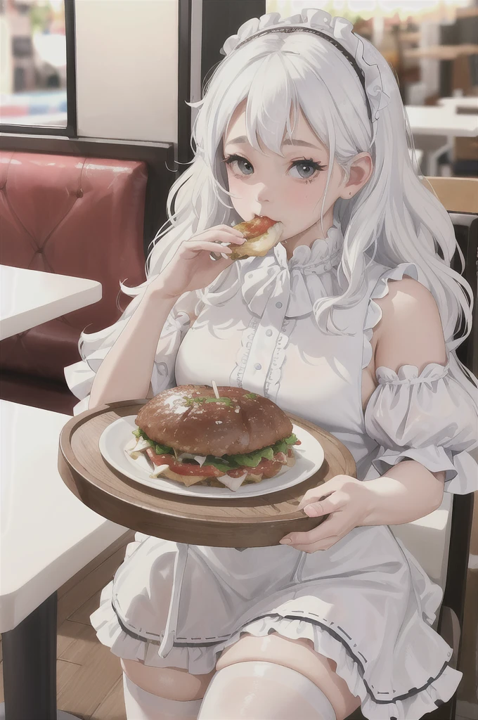 absurdres, best quality, 1girl, solo, looking at viewer, eye focus,  LucoaDM, CasualCL, chubby face,white hair,curly hair,white eyes,white lolita dress,tiny wings,rosy cheeks,eating meal at restaurant,!!!pov!!!