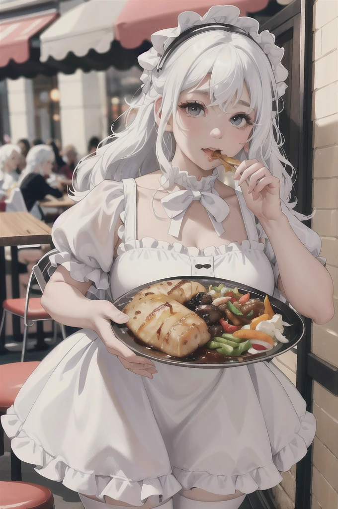 absurdres, best quality, 1girl, solo, looking at viewer, eye focus,  LucoaDM, CasualCL, chubby face,white hair,curly hair,white eyes,white lolita dress,tiny wings,rosy cheeks,eating meal at restaurant,!!!pov!!!