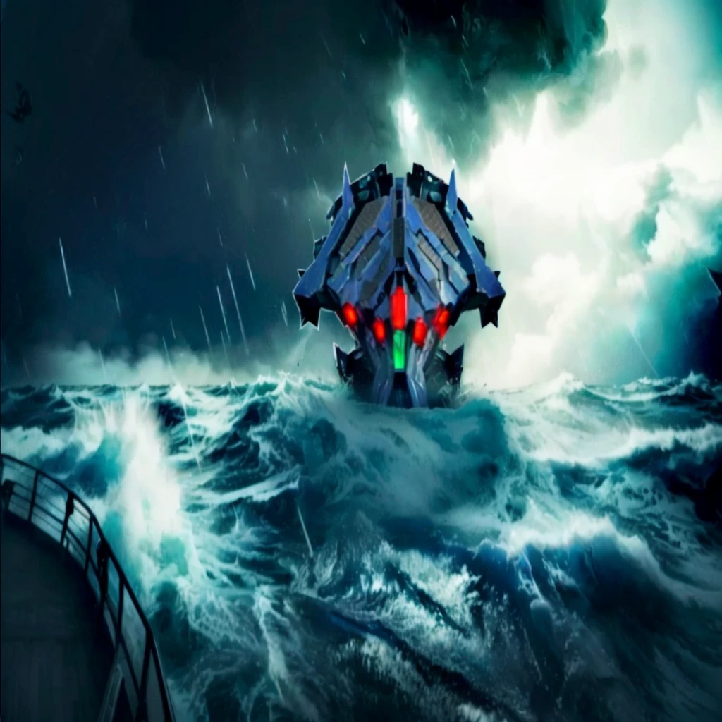 there is a large boat in the middle of a stormy ocean, from pacific rim, a ship lost in a storm, dread scary spaceship, broken ruin pacific rim jaeger, spaceship sank, cherenkov radiation, pacific rim jaeger, fan art, concept artwork, scylla and charybdis, stylised storm, alien ship wreck
