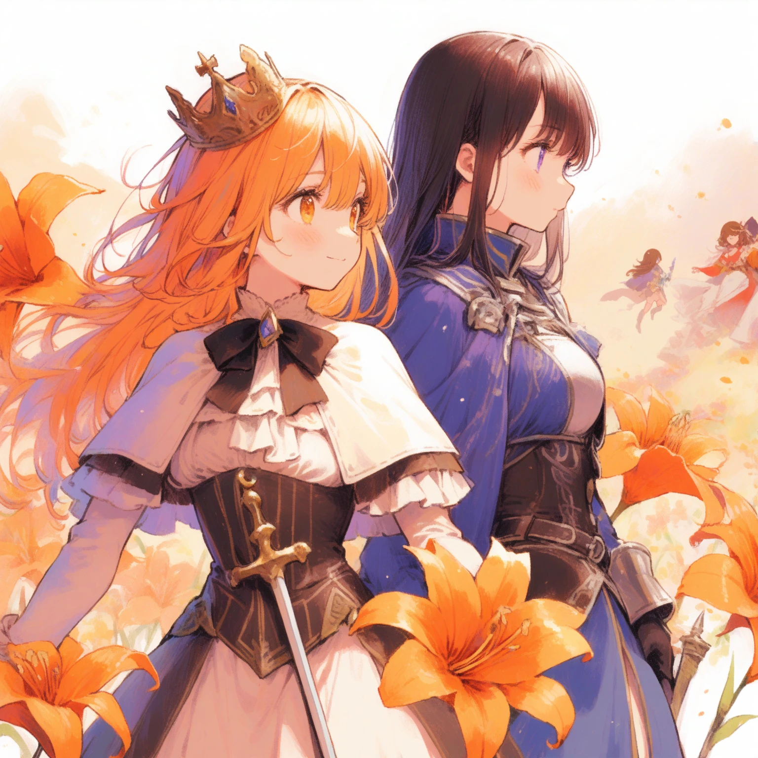 
2girls、Orange small lilium concolor、「pride」、Princess and female knight、tegaki