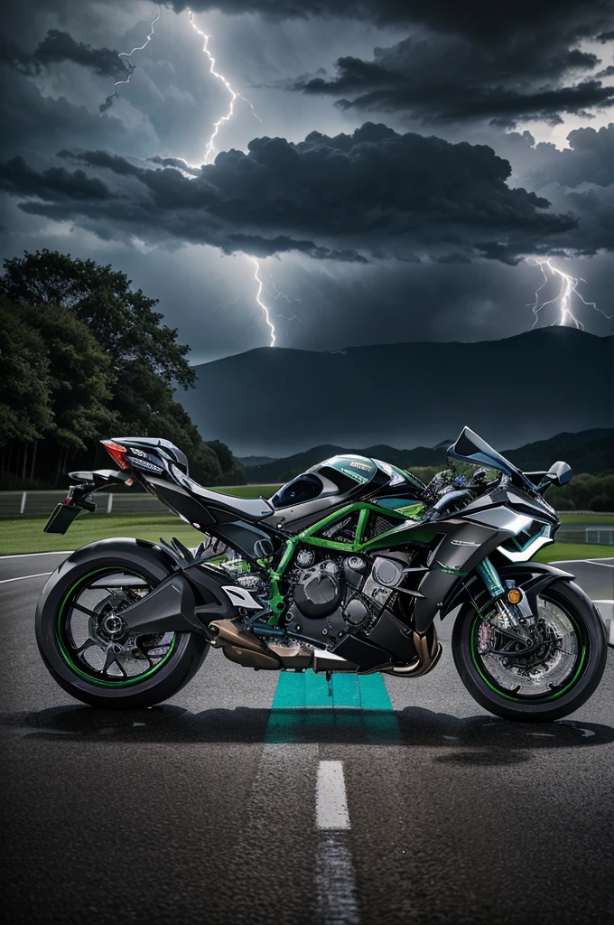 4k hd image, realisitc high quality, two super bikes KAWASAKI NINJA H2R and Z900 standing on a track in front of BMW M5, weather rainy, massive thunder lightning on dark clouds, dark theme