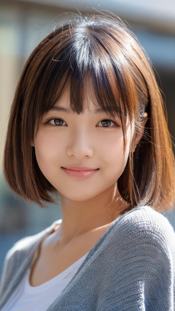 (1girl), ponytail, Extremely cute face, Amazing face and eyes, (Highly detailed eyes, Highly detailed face), fresh, Very clean appearance, (Hyper-realistic, hight resolution), (Best Quality:1.4), (hyper quality), Authentic skin texture, Raw photo, (Realistic, Photorealsitic:1.37), highly detailed, girl portrait, Japanese beautiful girl, the most beautiful girl in the world, short hair, LOL,smile