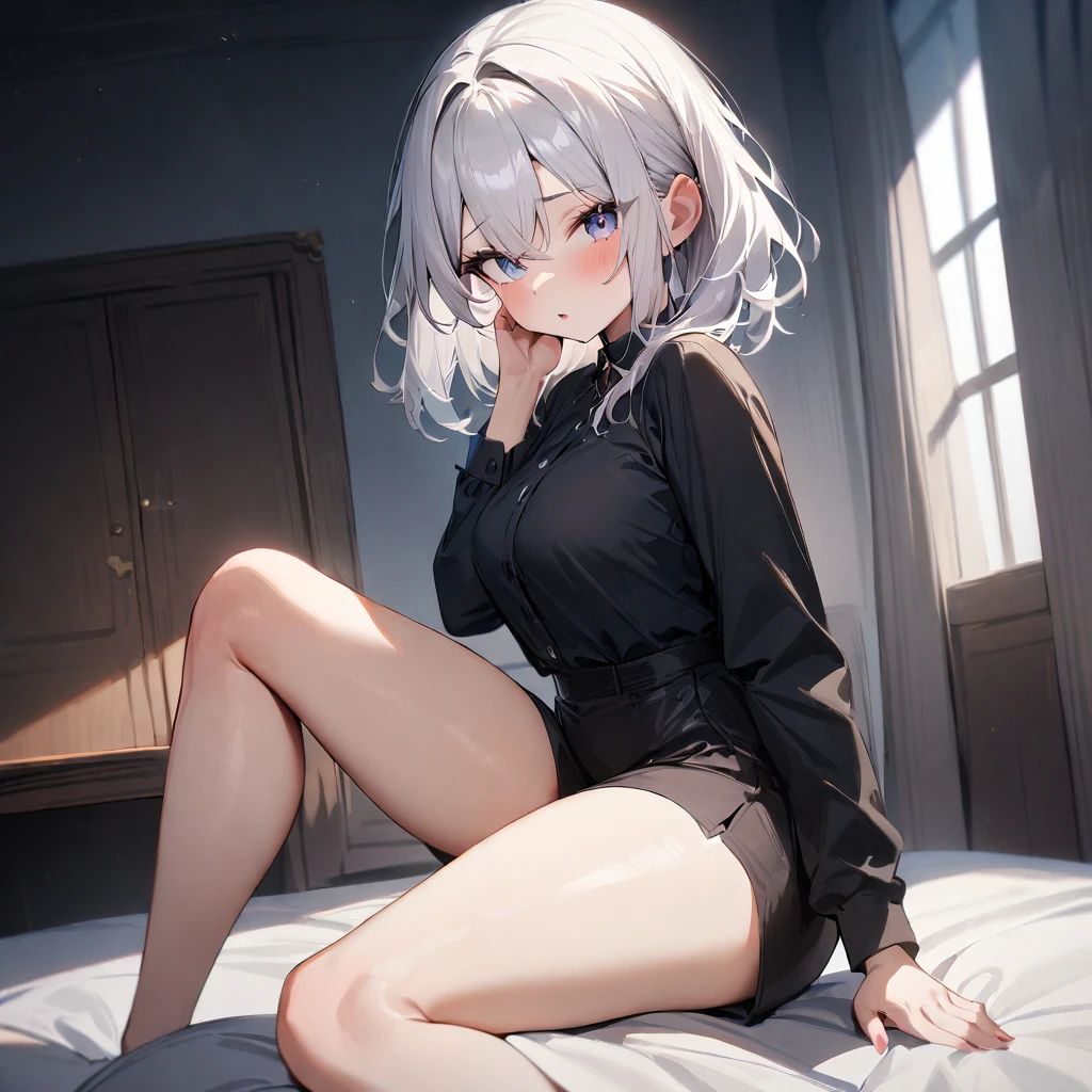 1 girl,Solo,White hair,lovely,masterpiece, best quality, very aesthetic,masterpiece, best quality, very aesthetic, absurdres,Thighs,legs,(Between:1.3),bare