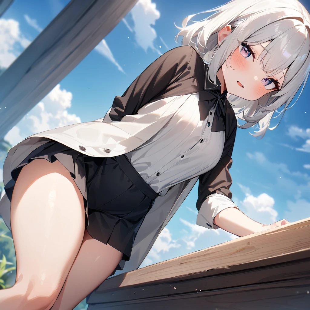 (Sitting), (bow), (Silver hair), (Short hair), (Light green eyes), hreat in the eyes, (four-petaled white flower hair ornament: 1.1), (Blush), bangs, (a girl in [((((without socks))): 0.4] : 1.2), (Nudie), 鎖骨, (White thighs: 1.2),  looking looking at viewer, [(Night: 1.2),