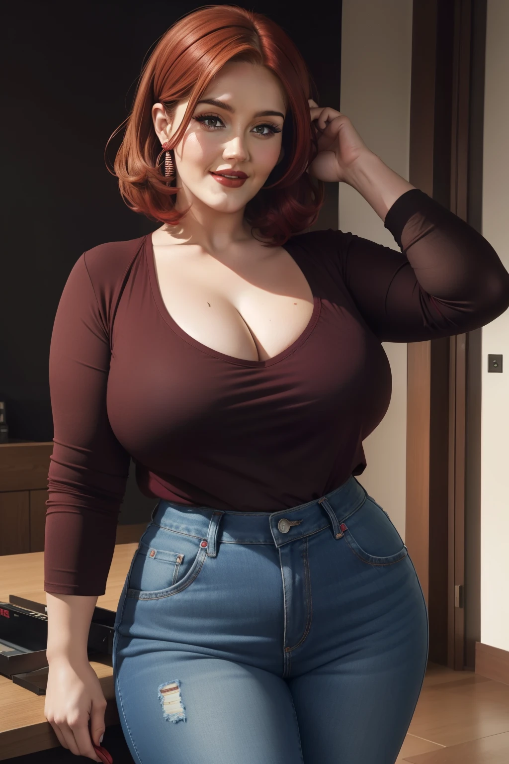 Lucy Pinder, Portrait, Maroon Hair, Red Lips, Smiling, Face Portrait, Fat, Chubby Woman, Hair Tied with a Clip, Short Hair, Long Sleeve T-Shirt, Black T-Shirt, Super Cleavage, Jeans, Session, Red Hair, ((Adele))