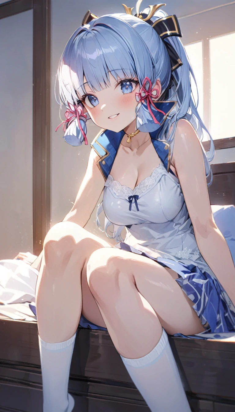 Ayaka, Blue long hair, Pretty Face,Smile,Close to hip, Medium breasts, Sitting on the bed, Wearing beautiful white underwear, (open mouth:0.4),illustration,Detailed texture(Realist),Extremely detailed,Portrait Style,Bright colors,Soft lighting, blush, Mature, No，White knee socks