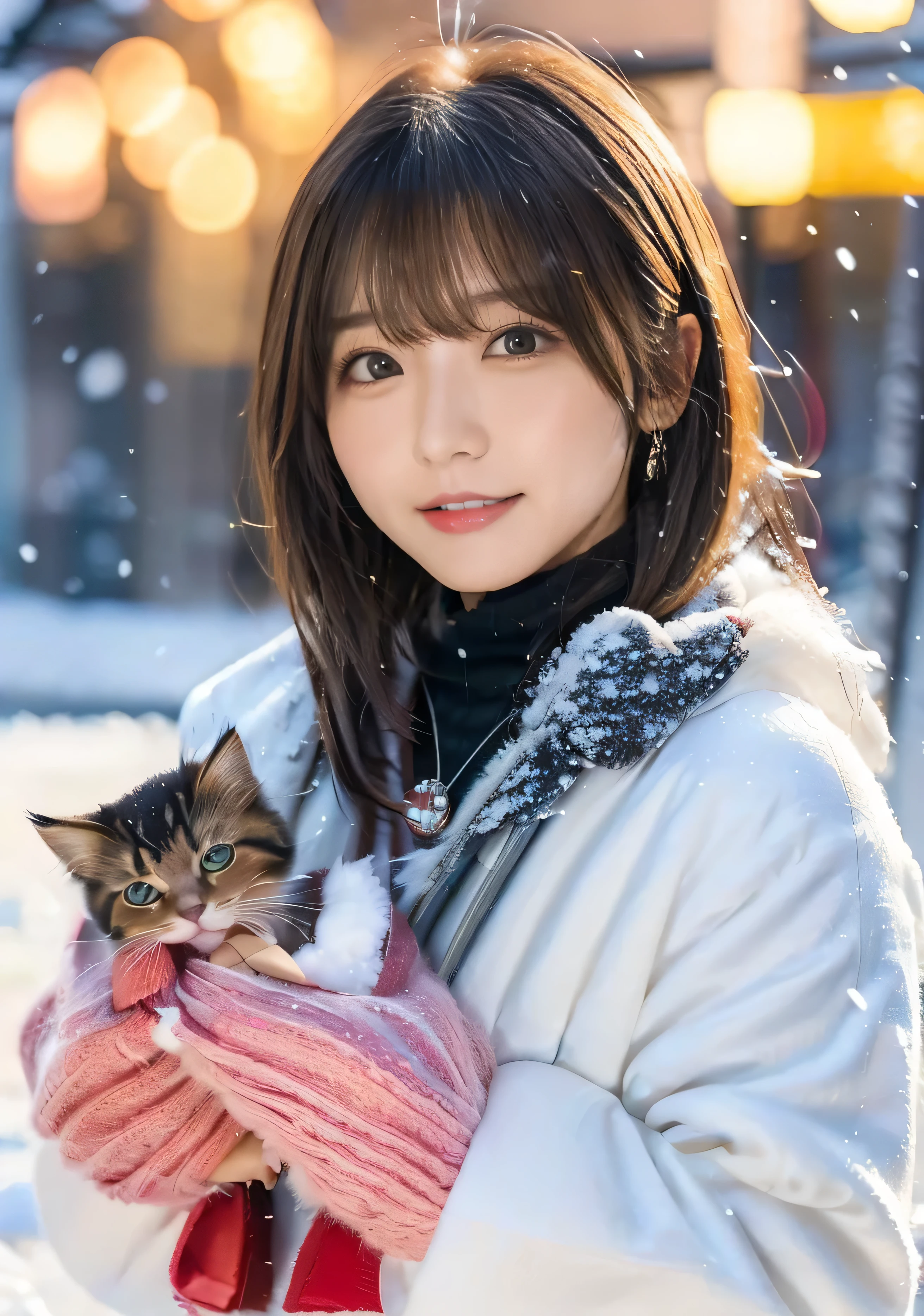 Holding a kitten、Photo from the waist up、Night city illumination shot、Cowgirl Shot、Fur coat、Luxurious grey mink fur coat、Wear fine leather boots、Luxury Bags、Inner turtleneck、Silver necklace and small silver earrings Millionaire style:1.4））、Full body photo、smile、 Caustics、Highly detailed photos、Very beautiful woman 、Ample breasts、No makeup、(8K、RAW Photos、Highest quality、masterpiece:1.2)、(Realistic、Realistic)、1 Girl、((Medium Short Hair、Midwinter、Cold region Snow falling、The wind is blowing、Fluttering Hair、Blur the background、Colorful illuminations、Looking into the camera:1.4))、
