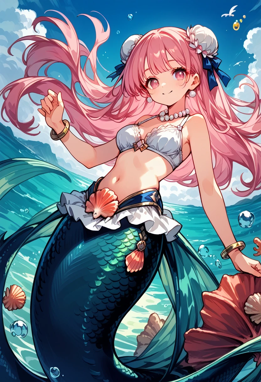 Very detailed, masterpiece, high quality, magically transformed into a mermaid、cute anthropomorphic mouse girl, Fantasy, Race change, smile, Anime Style, (((Long mermaid tail below waistline))),pelvic and dorsal fins,(((Seashell bra))), pearl earrings and bracelet, Pearl Necklace,masterpiece, 最high quality, High resolution, {Detailed and beautiful eyes}, finely, Detailed and beautiful eyes,1 Girl, (alone:1.5), (((Hair Ribbon:0.4)))), Pink Eyes,Cinematic Angles,perspective,(((White bun hair))),(((Long pink hair))),whole body,Kunimi Tama,