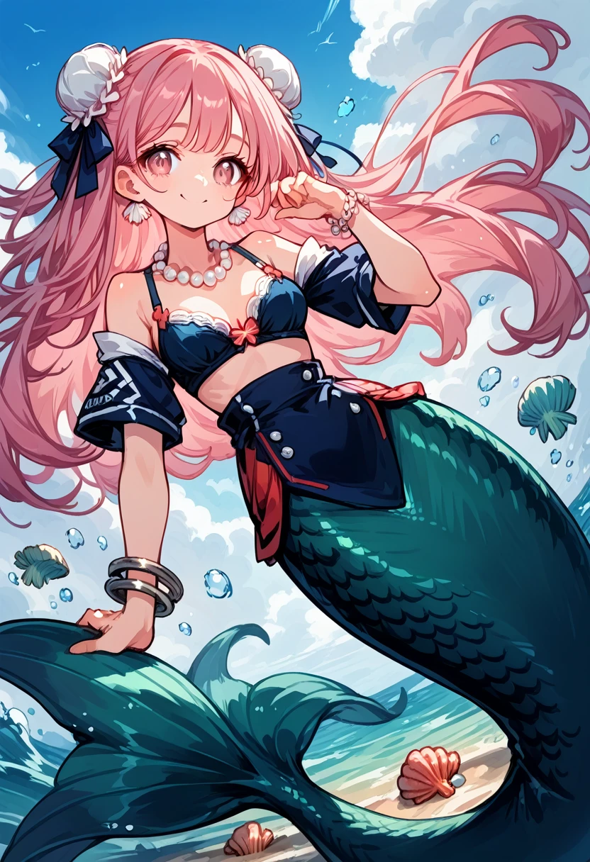 Very detailed, masterpiece, high quality, magically transformed into a mermaid、cute anthropomorphic mouse girl, Fantasy, Race change, smile, Anime Style, Long mermaid tail below waistline, pelvic and dorsal fins,(((whole bodyピンク色))),(((Seashell bra))), pearl earrings and bracelet, Pearl Necklace,masterpiece, 最high quality, High resolution, {Detailed and beautiful eyes}, finely, Detailed and beautiful eyes,1 Girl, (alone:1.5), (((Hair Ribbon:0.4)))), Pink Eyes,Cinematic Angles,perspective,(((White bun hair))),(((Long pink hair))),whole body,Kunimi Tama,