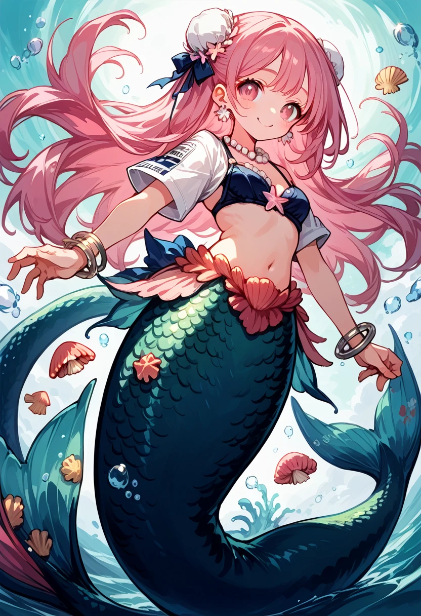 Very detailed, masterpiece, high quality, magically transformed into a mermaid、cute anthropomorphic mouse girl, Fantasy, Race change, smile, Anime Style, (((Long mermaid tail below waistline))),pelvic and dorsal fins,(((Seashell bra))), pearl earrings and bracelet, Pearl Necklace,masterpiece, 最high quality, High resolution, {Detailed and beautiful eyes}, finely, Detailed and beautiful eyes,1 Girl, (alone:1.5), (((Hair Ribbon:0.4)))), Pink Eyes,Cinematic Angles,perspective,(((White bun hair))),(((Long pink hair))),whole body,Kunimi Tama,