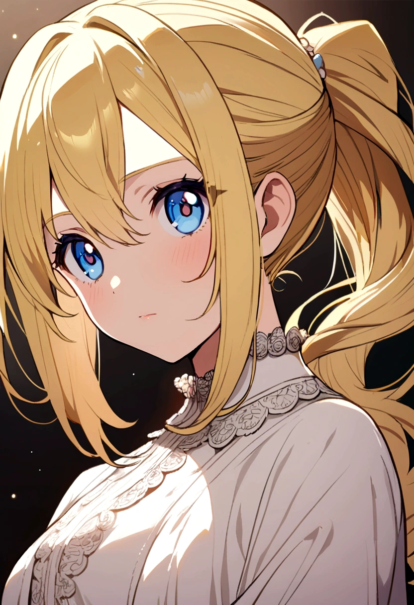 Anime girl blond hair in a ponytail, blue eyes amd cute