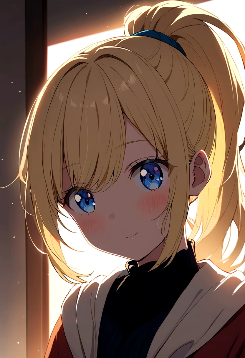 Anime girl blond hair in a ponytail, blue eyes amd cute