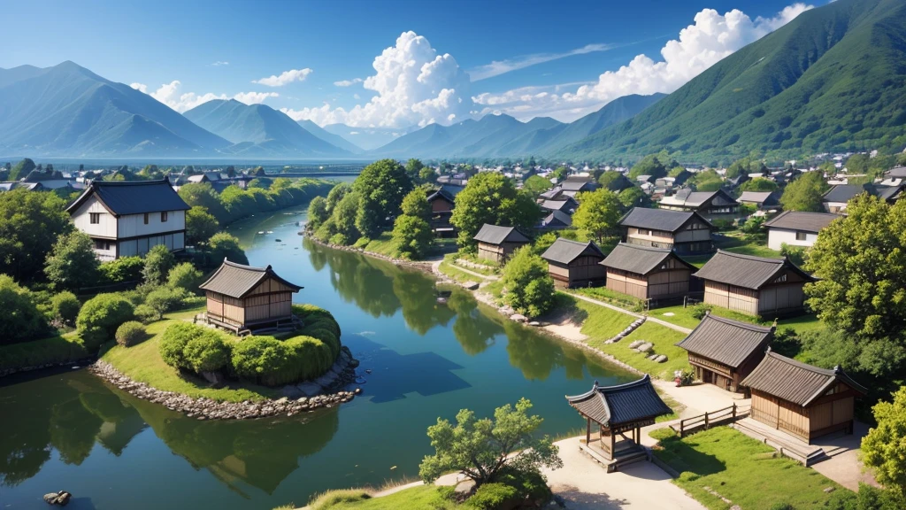Beautiful Japanese village scene. Aerial view, Photorealistic photos, High definition, 8K