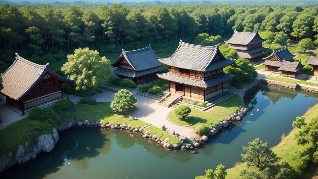 Beautiful Japanese village scene. Aerial view, Photorealistic photos, High definition, 8K