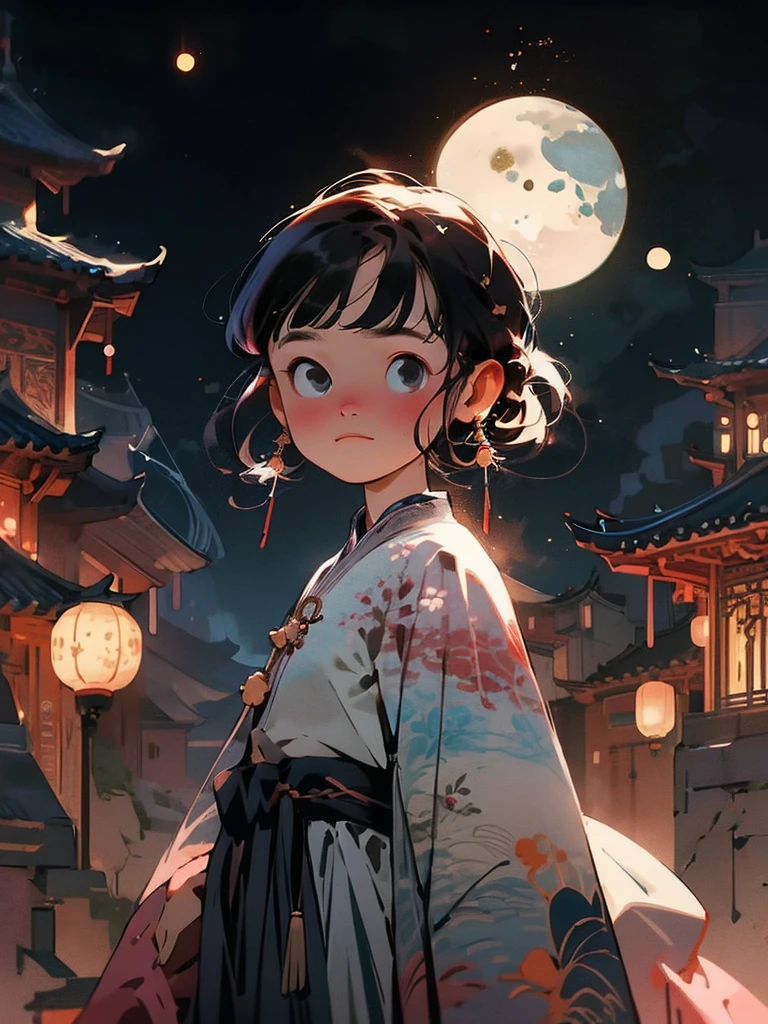 Character Features - Hairstyle：Short pink hair - Gender：Girl - Bangs：Bangs - Accessories：Star-shaped earrings Costume - White robe and silver belt Point of view angle - Mid shot（From the waist up）
- 少し斜めからのアングル

背景
- 夜空に浮かぶ魔法の塔
- 流れ星が降る

季節・雰囲気
- springの夜
- スプリング（spring）

Light and Shadow - Starlit silhouette and other elements - Magical light - Medieval Europe - The viewer witnesses the magician casting his spell