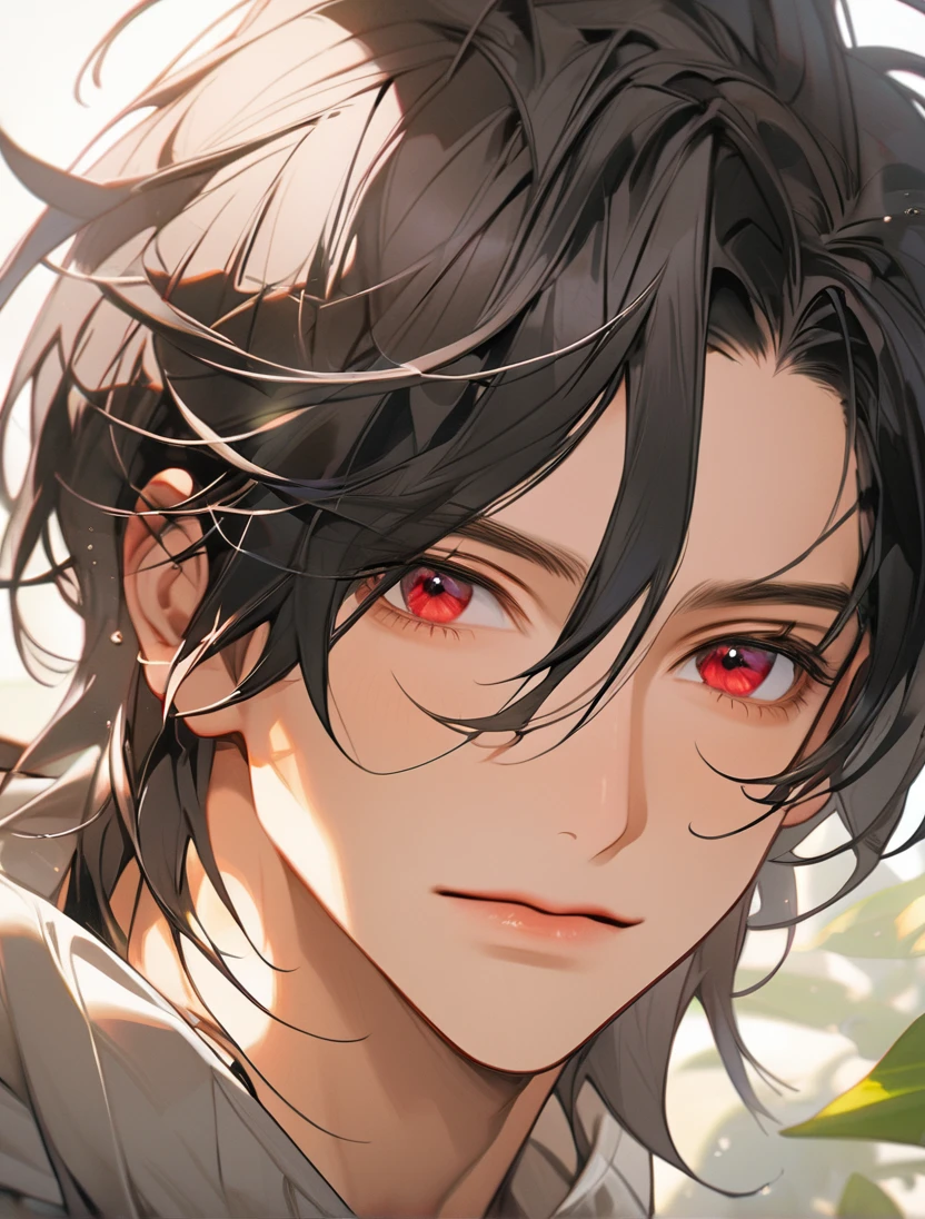 (Black_Hair), (red_ruby_eyes), (Handsome), (attractive), (male), (close_up_shot), (detailed_eyes), (detailed_hair), (clean_hair), (carefree_expression), (vertical_pupils), (peaceful_atmosphere), (jawline), (manly)
