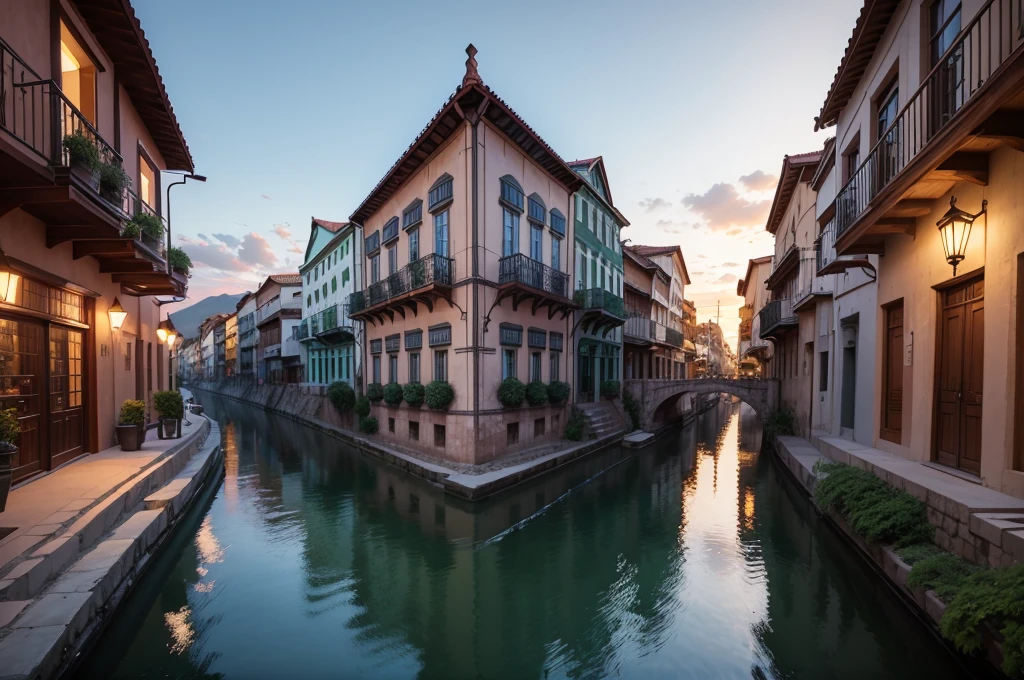 The city is crossed by a wide and winding river, the Rio Sombra, which divides the city into two parts: the historic side, with its colonial buildings and cobblestone streets, and the modern side, with skyscrapers, shopping centers and neighborhoods. contemporary residential. (up view, digital art, grafic novel, night time, RPG art)
