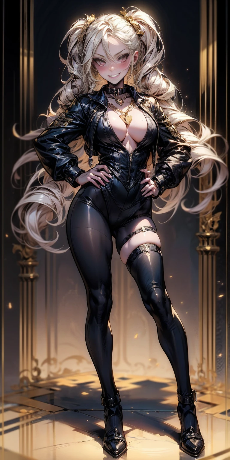 1solo Milf full body standing straight symmetrical, looking at viewer, hands on hips, twin drills twintails, striped pantyhose, golden handcuffs on their hands with a black leather collar around the golden heart necklace, hands on hips, lustful smirking smile face red blushed