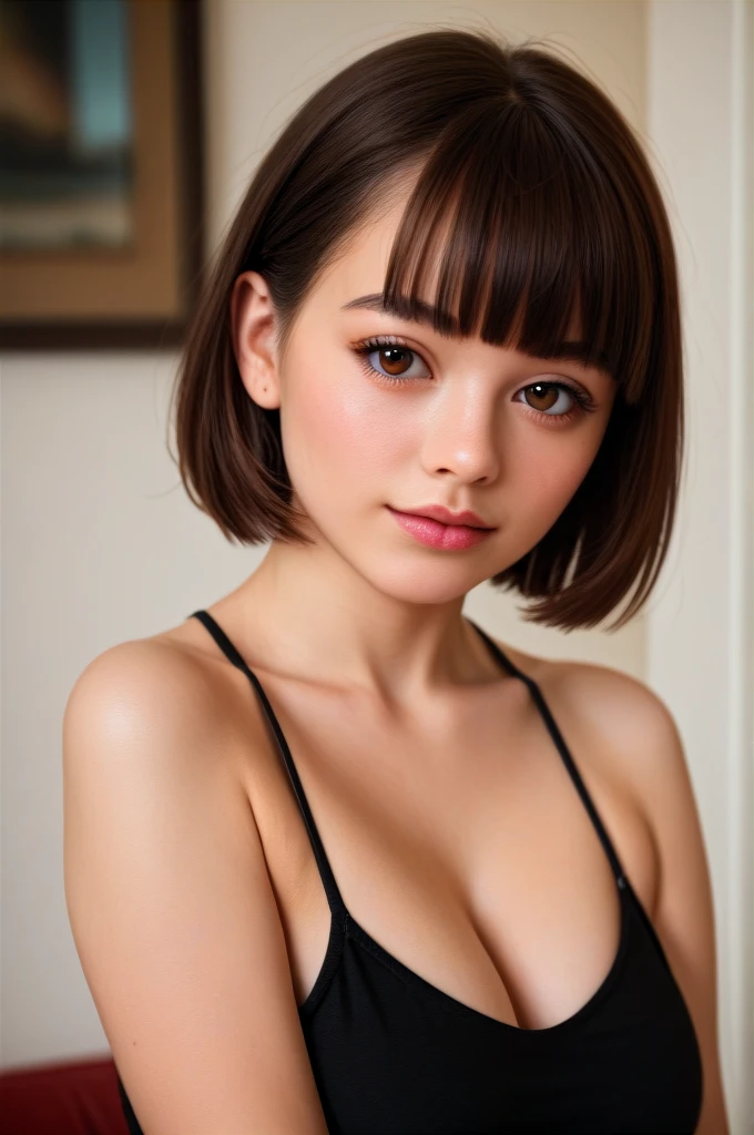 a 30yo american woman with short brown hair,black camisole,black halter top,big breast,realistic color palette,soft-focused realism,brown hair,short hair,blunt bangs,up half of body