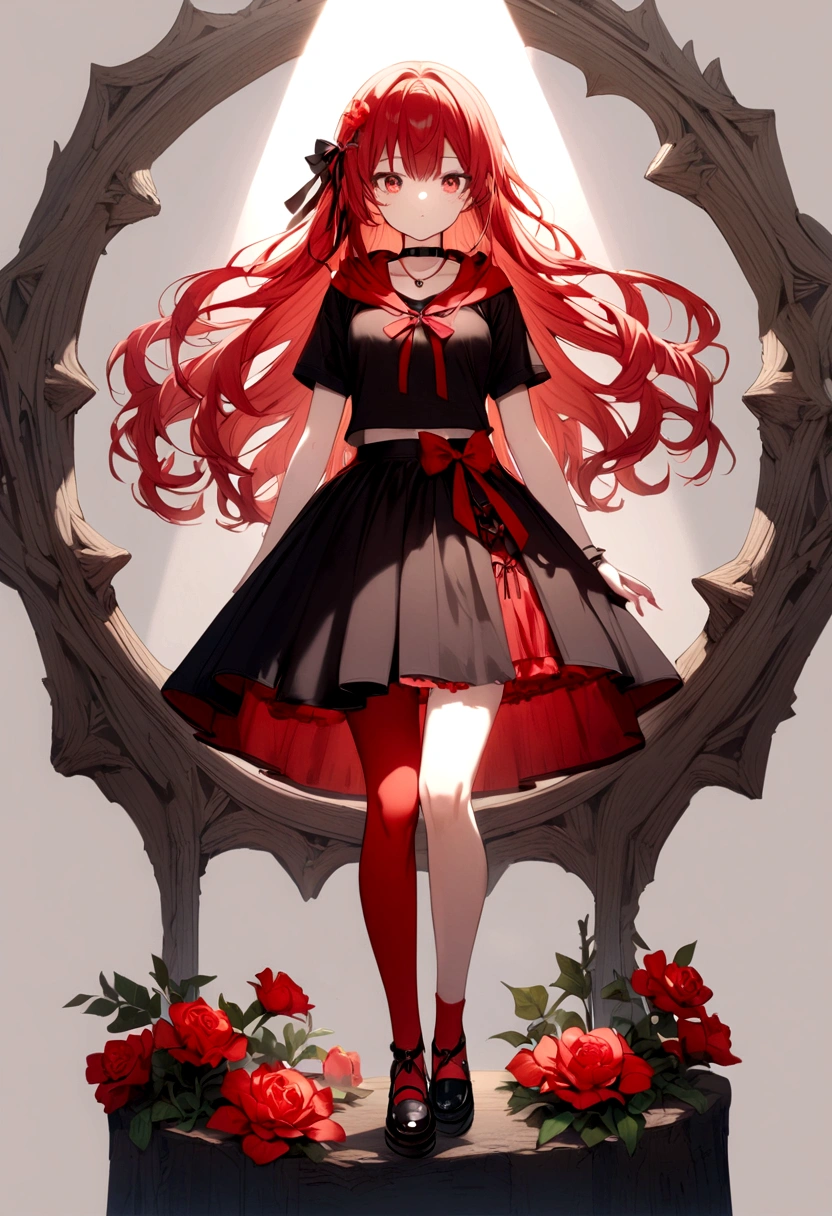 a girl with a black skirt and a small red shirt on top of is red stockings . red zip up hoodie, black shirt underneath with short sleeves and ,red hair, long hair and a flower with a ribbon on the bottom on the side on the hair and red eyes has a black Choker , and a small heart red necklace , has a ribbon bow waistband, main color red , full body 