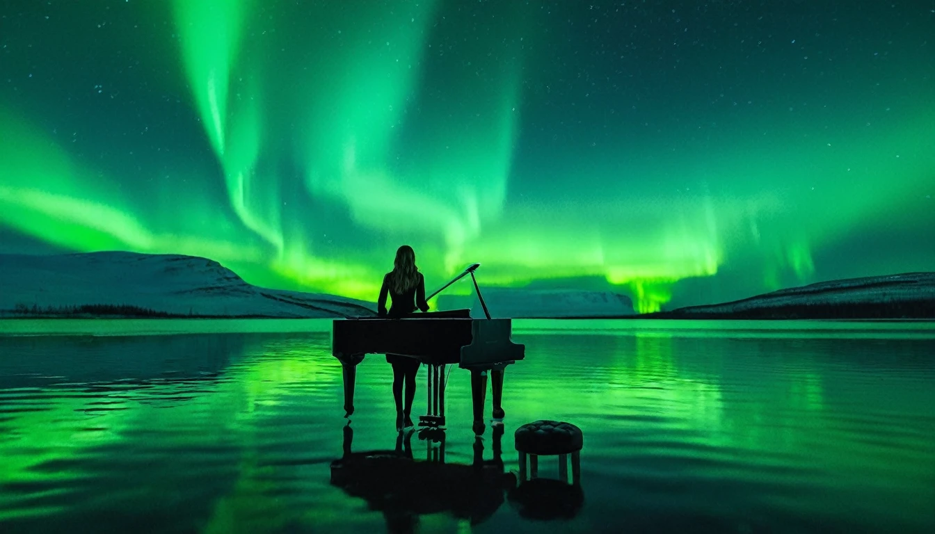 A mysterious and enchanting scene with one piano placed on the water under a sky full of aurora borealis. ((A beautiful woman is standing in front of the piano.)) The water surface reflects the view of the Northern Lights and is surrounded by silence. The piano is lit up and looks even more divine.