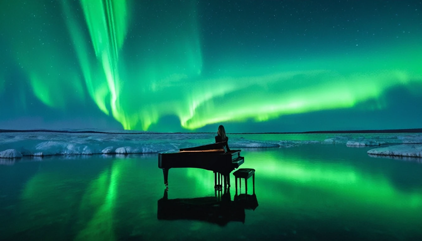 A mysterious and enchanting scene with one piano placed on the water under a sky full of aurora borealis. ((A beautiful woman is standing in front of the piano.)) The water surface reflects the view of the Northern Lights and is surrounded by silence. The piano is lit up and looks even more divine.
