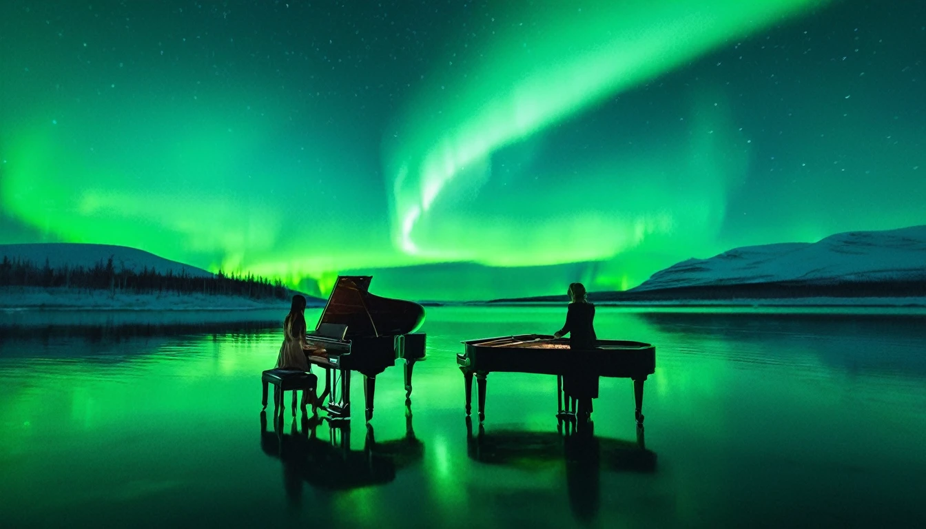 A mysterious and enchanting scene with one piano placed on the water under a sky full of aurora borealis. ((A beautiful woman is standing in front of the piano.)) The water surface reflects the view of the Northern Lights and is surrounded by silence. The piano is lit up and looks even more divine.
