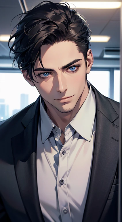 (best quality,4k,8k,highres,masterpiece:1.2),ultra-detailed,(realistic,photorealistic,photo-realistic:1.37),1 man,31 years old,mature man,very handsome,without expression,smile,short grey black hair,blue eyes pool,penetrating gaze,perfect face without errors,imposing posture,businessman,office background,cinematic lighting,hdr image