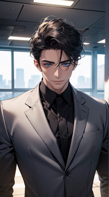 (best quality,4k,8k,highres,masterpiece:1.2),ultra-detailed,(realistic,photorealistic,photo-realistic:1.37),1 man,31 years old,mature man,very handsome,without expression,smile,short grey black hair,blue eyes pool,penetrating gaze,perfect face without errors,imposing posture,businessman,office background,cinematic lighting,hdr image