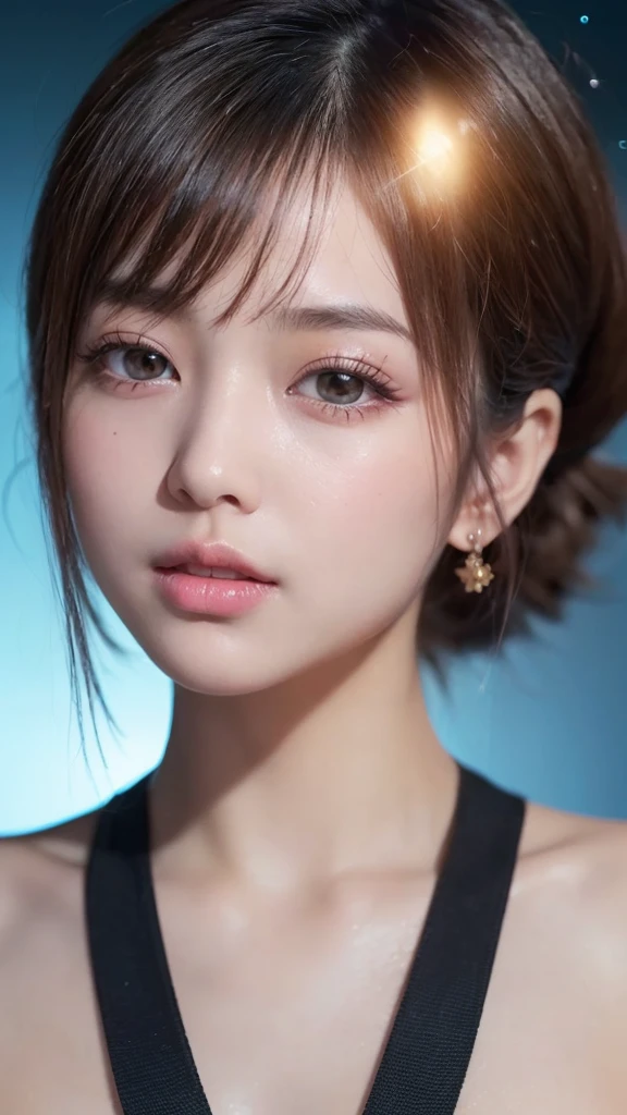 (In 8K, Highest quality, Tabletop, Ultra-high resolution, High quality face:1.5), (Lots of details), (Android in the form of a girl:1.3),(Realistic:1.4) (View diagonally:1.6), (Very white skin, Clear skin, Glowing Skin:1.4), Pin Spot Light, (The eyes are connected to the universe through high-performance lens eyes. Long eyelashes:1.5), Shiny, wig hair, Duck mouth, Gloss Lip, de luz, cute, refresh, ((純白de luzドレスを着る 透明)), (Japanese),White Holographic Background, Digital Art, Lighting by world-class AI creators, dream-like, Different space, Light and deep texture