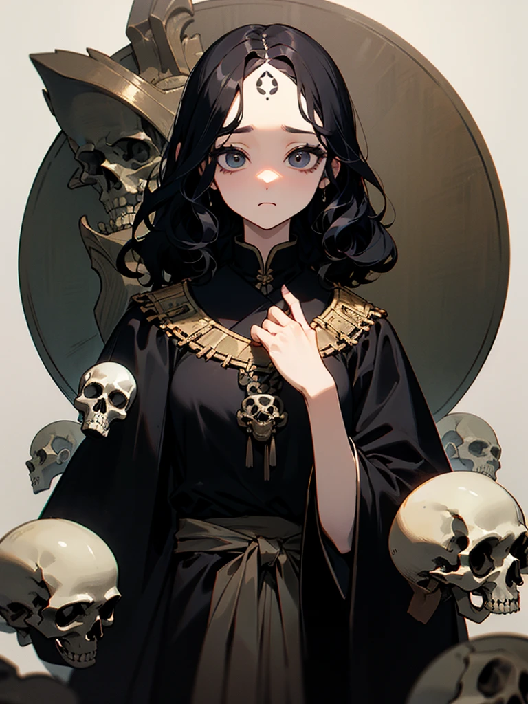 独奏,upperbody,Adult women、Pride is high、Eyelashes、black short wavy hair,big forehead,Sad expressionless、All-black robe、Round skull shield、Decadent、