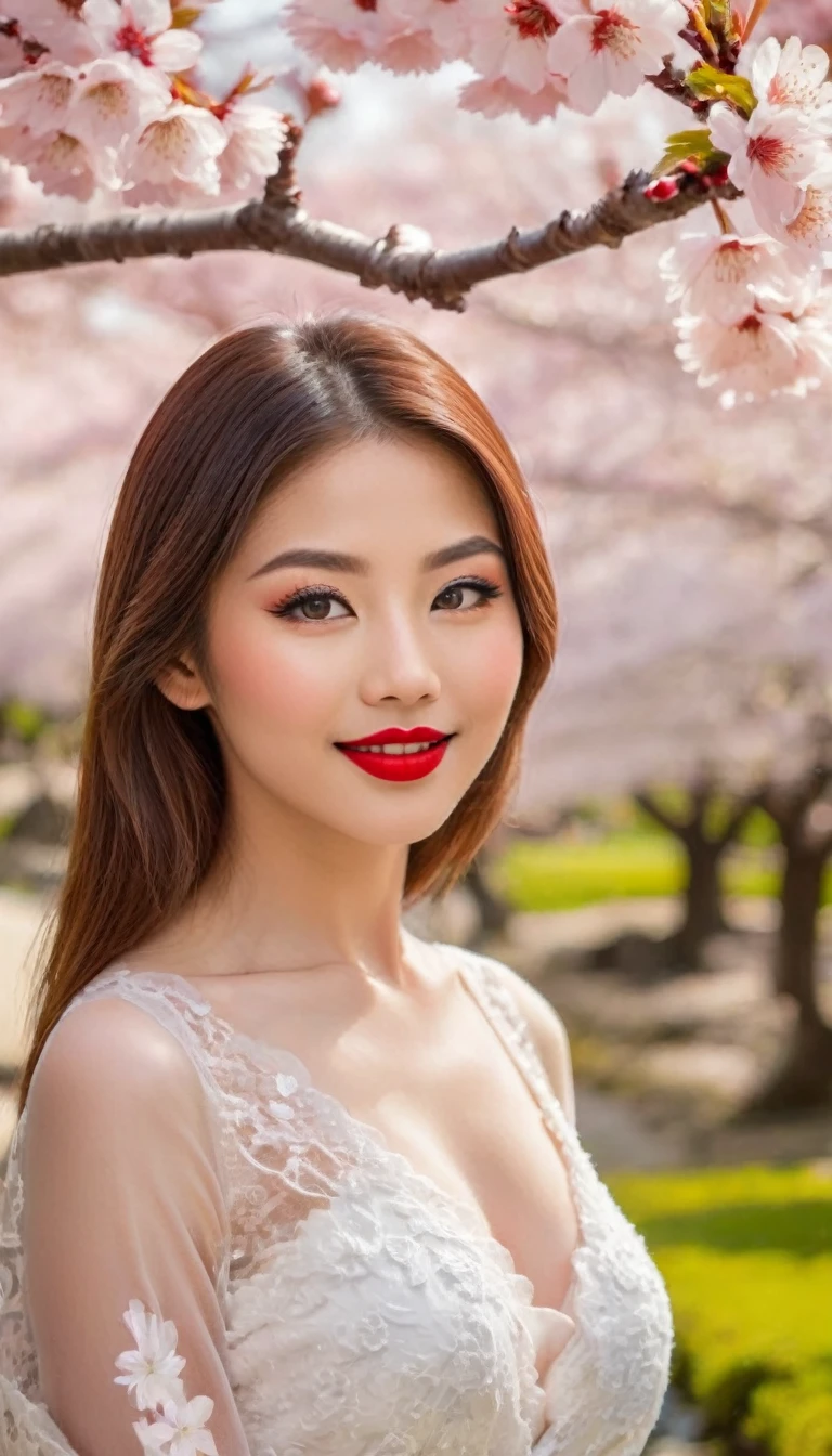 1girl in a tranquil japanese garden during cherry blossom season,beautiful detailed eyes,beautiful detailed lips, red Lipstick, sensual Lipstick,extremely detailed face and skin, smiling, ((cherry blossoms floating in the air:1.5)),natural beauty,serenity,photorealistic,masterpiece,vibrant colors,warm lighting,cinematic,highly detailed,professional photography. distant full body view