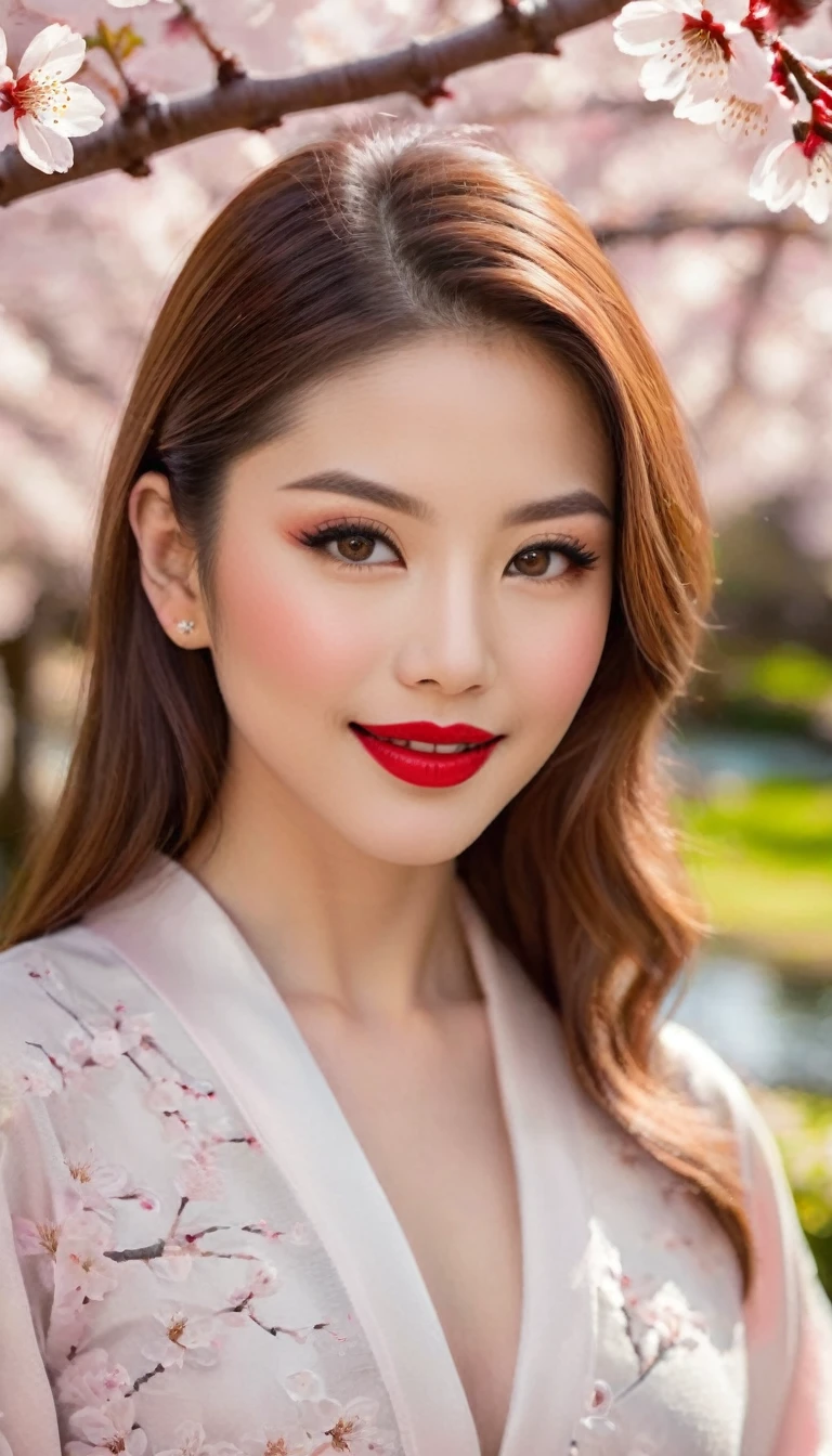 1girl in a tranquil japanese garden during cherry blossom season,beautiful detailed eyes,beautiful detailed lips, red Lipstick, sensual Lipstick,extremely detailed face and skin, smiling, ((cherry blossoms floating in the air:1.5)),natural beauty,serenity,photorealistic,masterpiece,vibrant colors,warm lighting,cinematic,highly detailed,professional photography. distant full body view