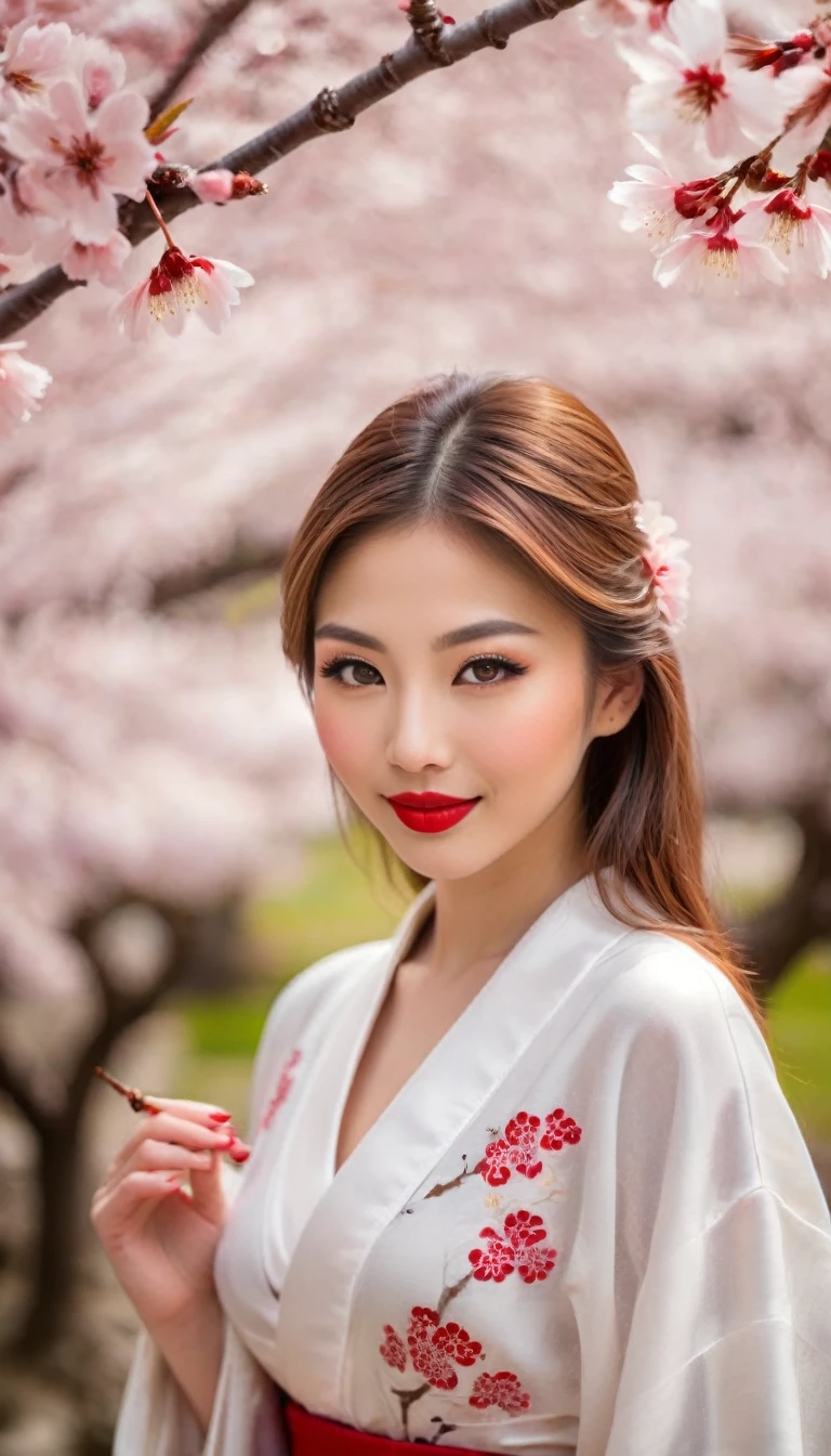1girl in a tranquil japanese garden during cherry blossom season,beautiful detailed eyes,beautiful detailed lips, red Lipstick, sensual Lipstick,extremely detailed face and skin, smiling, ((cherry blossoms floating in the air:1.5)),natural beauty,serenity,photorealistic,masterpiece,vibrant colors,warm lighting,cinematic,highly detailed,professional photography. distant full body view