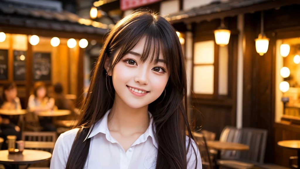 Cute girl working at a cafe terrace　Japanese　１９age　
Professional Lighting　Digital SLR　Beautiful and elaborate face　Perfect and beautiful face　Big eyes Smile