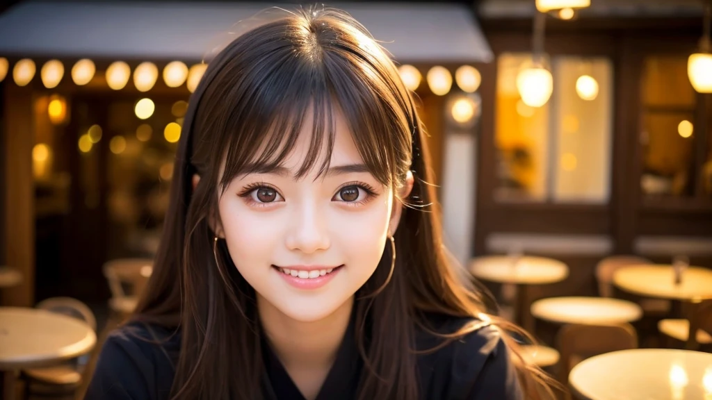 Cute girl working at a cafe terrace　Japanese　１９age　
Professional Lighting　Digital SLR　Beautiful and elaborate face　Perfect and beautiful face　Big eyes Smile