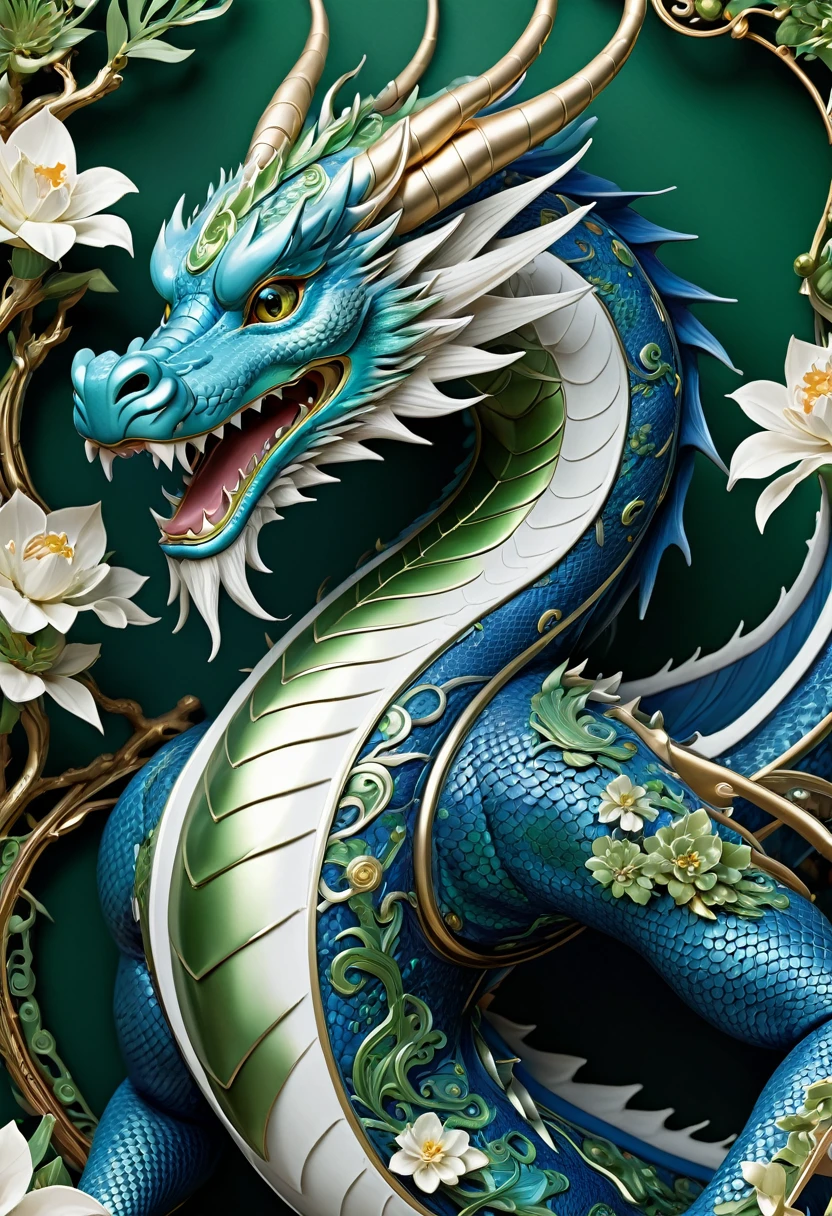 Mechanical Oriental Dragon，lifelike，Anthropomorphic Dragon，Character setting，Ultra-detailed graphics，Delicate face，8K，magazine cover，Floral background decoration，Strong color contrast，Darker color，Blue, green and white