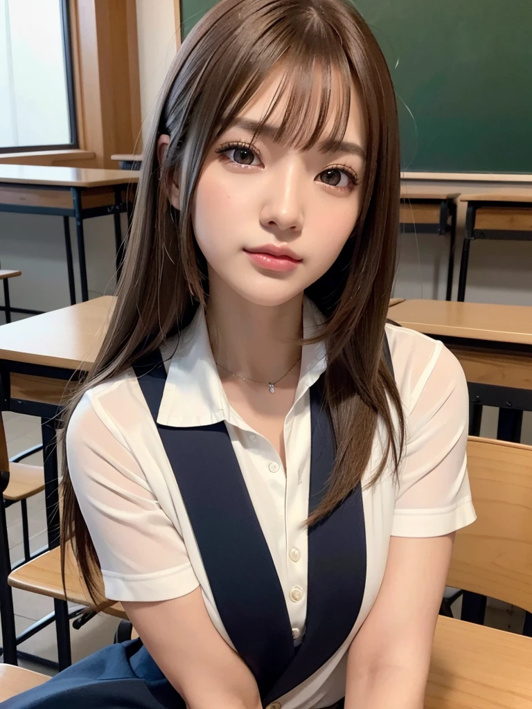 8k,best quality, masterpiece, ultra detailed, ultra high res, photorealistic, raw photo, absurdres, absolutely resolution, ((1girl)), full body ,a Japanese young pretty woman, hyper cute face, glamorous figure, large breasts , long bob hair , (school uniform :1.3),desks ,glossy lips, double eyelids in both eyes, natural makeup, long eyelashes, shiny smooth light brown long bob hair, asymmetrical bangs, shiny skin, central image, high resolution, high detailing, detailed hairstyle, detailed face, spectacular movie lighting, octane rendering, vibrant, hyper realistic, perfect limbs, perfect anatomy