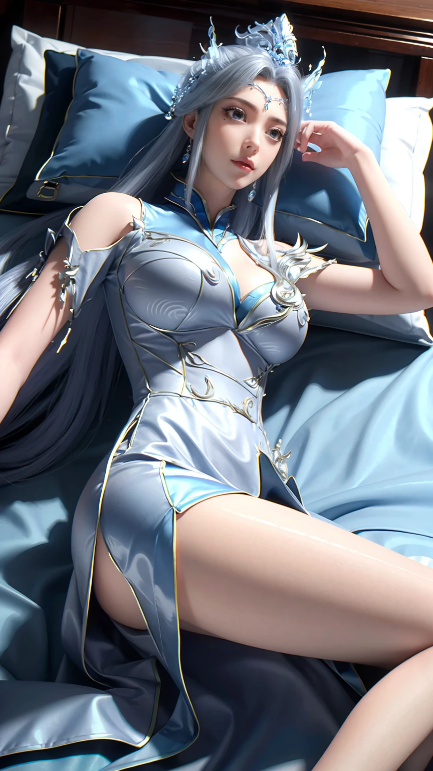 a girl lying on a bed, facing upward, slightly raising her leg, extremely detailed and beautiful 16 year old girl, 4k, 8k, cinematic, full body, lying, long legs, full body capture, (((lying on a bed))), (((full body lying on a bed))), large bed, lying on a bed, head resting on pillow, high quality, photorealistic, hyperrealistic, beautiful skin, flawless complexion, beautiful eyes, long eyelashes, delicate facial features, beautiful lips, graceful pose, natural lighting, warm color palette