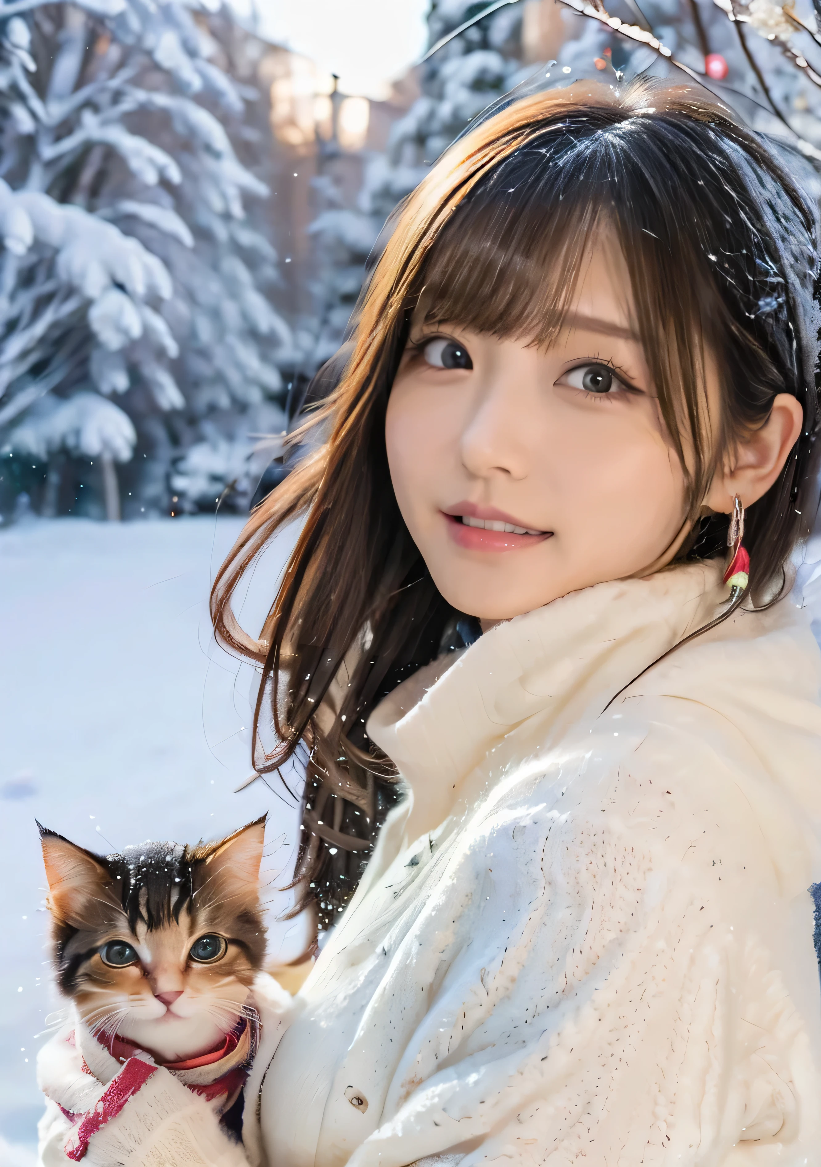 Holding a kitten、Photo from the waist up、Night city illumination shot、Cowgirl Shot、Fur coat、Luxurious grey mink fur coat、Wear fine leather boots、Luxury Bags、Inner turtleneck、Silver necklace and small silver earrings Millionaire style:1.4））、Full body photo、smile、 Caustics、Highly detailed photos、Very beautiful woman 、Ample breasts、No makeup、(8K、RAW Photos、Highest quality、masterpiece:1.2)、(Realistic、Realistic)、1 Girl、((Medium Short Hair、Midwinter、Cold region Snow falling、The wind is blowing、Fluttering Hair、Blur the background、Colorful illuminations、Looking into the camera:1.4))、
